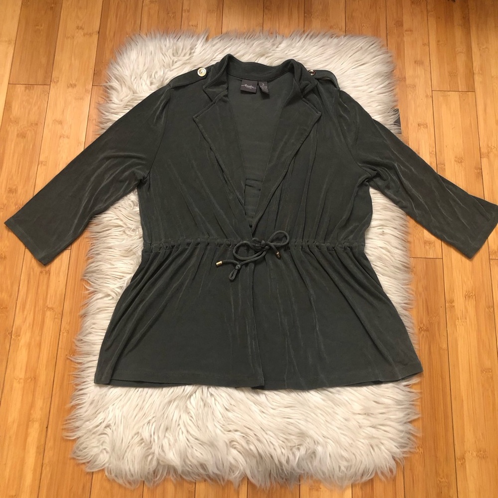 Chico’s Travelers Shimmer Stretchy Olive Green Drawstring Waist Jacket size 2
